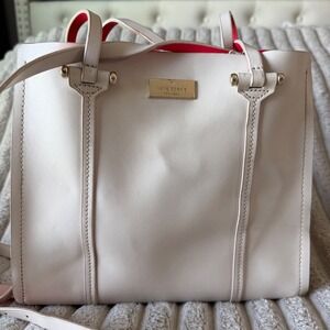 Kate Spade New York Cream Leather Tote Satchel Neon Pink Trim Crossbody Bag